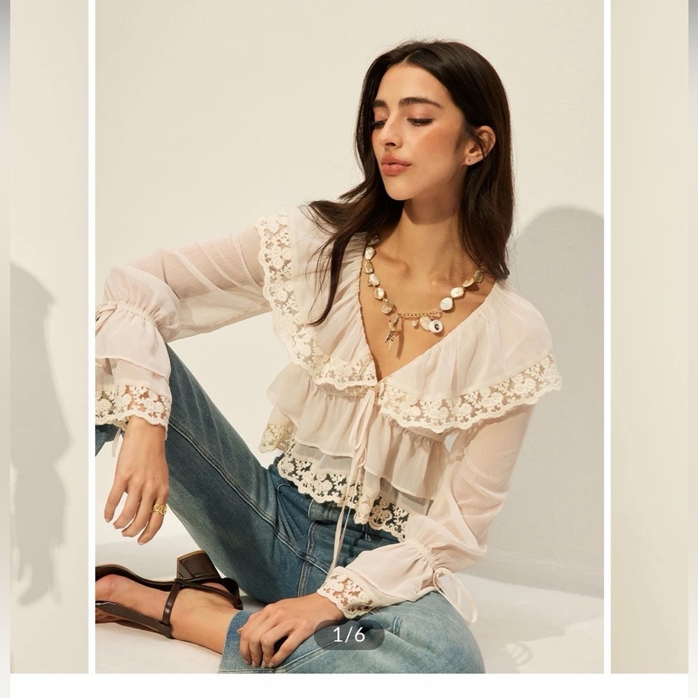 Semi-Sheer Chiffon Lace Detail Top NWT